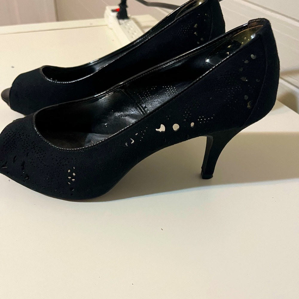 Black suede peep toed 3 inch heels